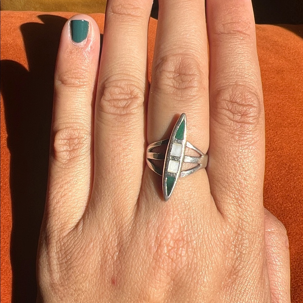 Silver and Green Geometric Ring